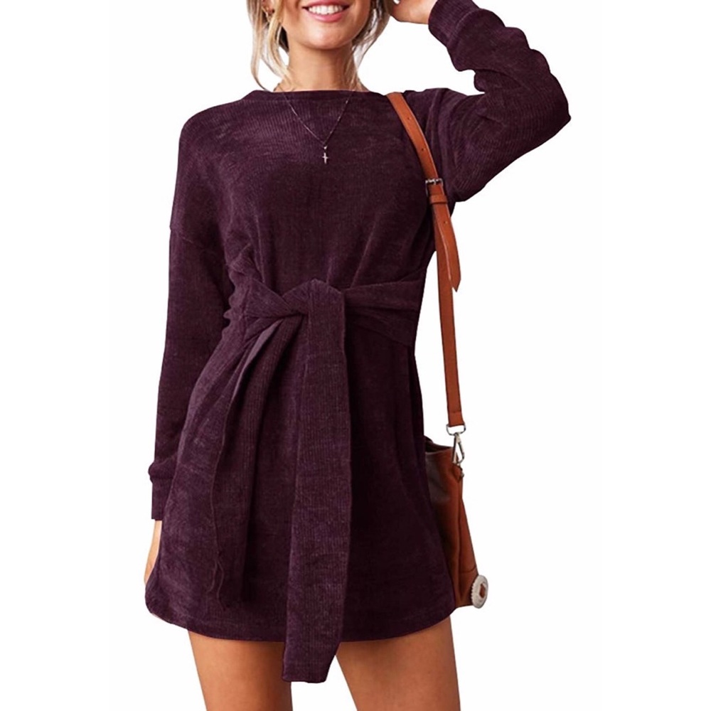 Velvet Dress Tie Waist Party Dress Wine Red